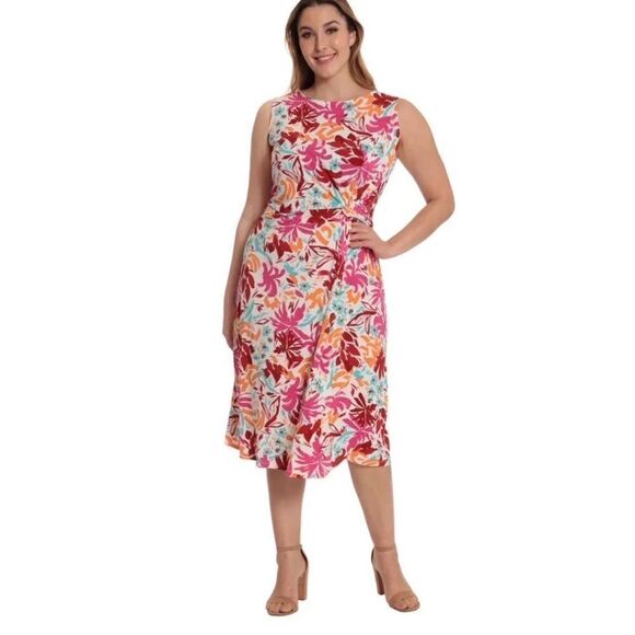 Maggy London Womens Pink Orange Tropical Sleeveless Midi Dress NWT - Picture 1 of 10